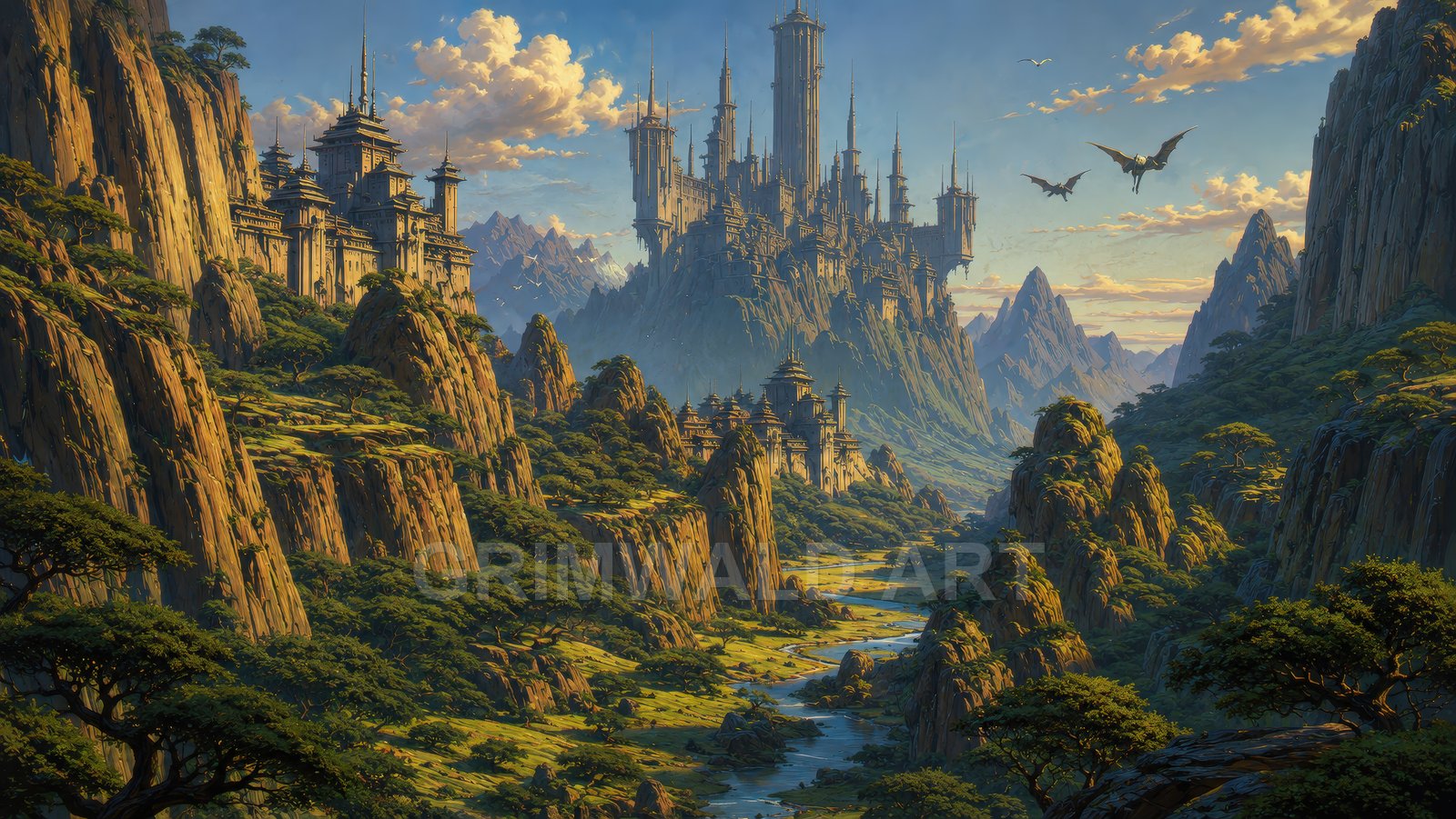 Citadel Above the Emerald Valley – Retro Fantasy Landscape Art