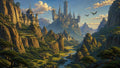 GRID THUMBNAIL — Vast fantasy mountain valley with a towering castle city, lush green terraces, winding river, and two small dragons flying in golden-hour light.