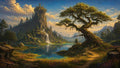 GRID THUMBNAIL — Twisted ancient tree beside a clear mountain lake, waterfall descending from a rocky spire topped by a small castle, under golden-hour skies.