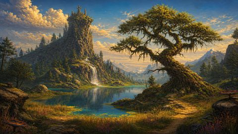 GRID THUMBNAIL — Twisted ancient tree beside a clear mountain lake, waterfall descending from a rocky spire topped by a small castle, under golden-hour skies.