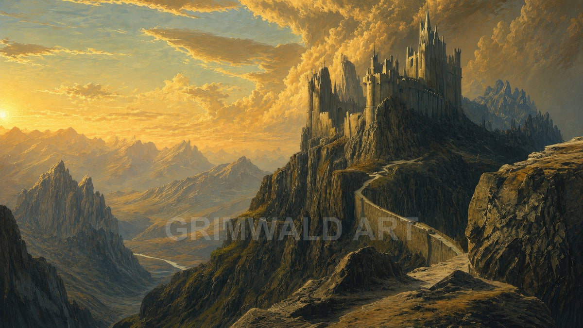 A grand stone castle crowns a sheer mountain ridge at golden hour, with winding road, jagged peaks and river under dramatic cloud-filled sky.