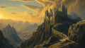 GRID THUMBNAIL — A grand stone castle crowns a sheer mountain ridge at golden hour, with winding road, jagged peaks and river under dramatic cloud-filled sky.
