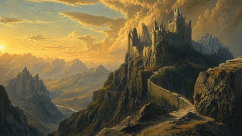 GRID THUMBNAIL — A grand stone castle crowns a sheer mountain ridge at golden hour, with winding road, jagged peaks and river under dramatic cloud-filled sky.