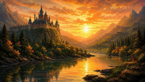 GRID THUMBNAIL — Grand castle perched on a rocky hill above a pine-lined river at sunset, golden clouds and mountains glowing, small campsite on the shore.