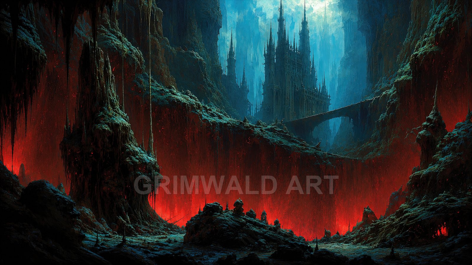 A towering gothic citadel overlooks a cavernous valley of glowing red fissures, linked by a narrow stone bridge under eerie moonlit cliffs.