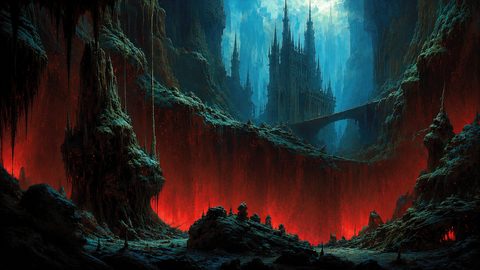 GRID THUMBNAIL — A towering gothic citadel overlooks a cavernous valley of glowing red fissures, linked by a narrow stone bridge under eerie moonlit cliffs.