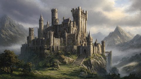 GRID THUMBNAIL — Grand stone castle with tall towers on a rocky hill, overlooking misty mountains and a green valley under cloudy daylight.