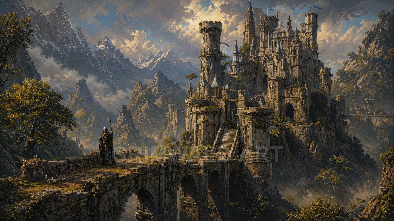 Grand stone castle perched on a cliff amid jagged mountains, with a ruined arched bridge and lone cloaked figure at golden-hour light.
