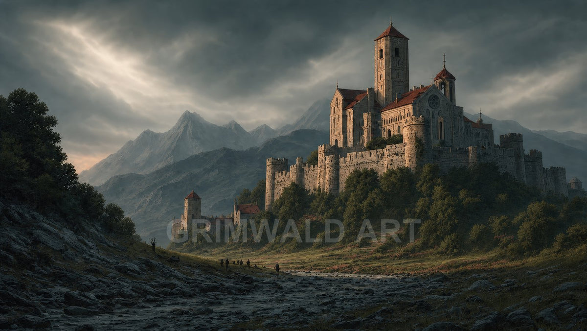 A grand stone castle with red roofs towers above a forested valley and winding river, framed by jagged mountains under dramatic, overcast golden-hour light.