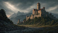 GRID THUMBNAIL — A grand stone castle with red roofs towers above a forested valley and winding river, framed by jagged mountains under dramatic, overcast golden-hour light.