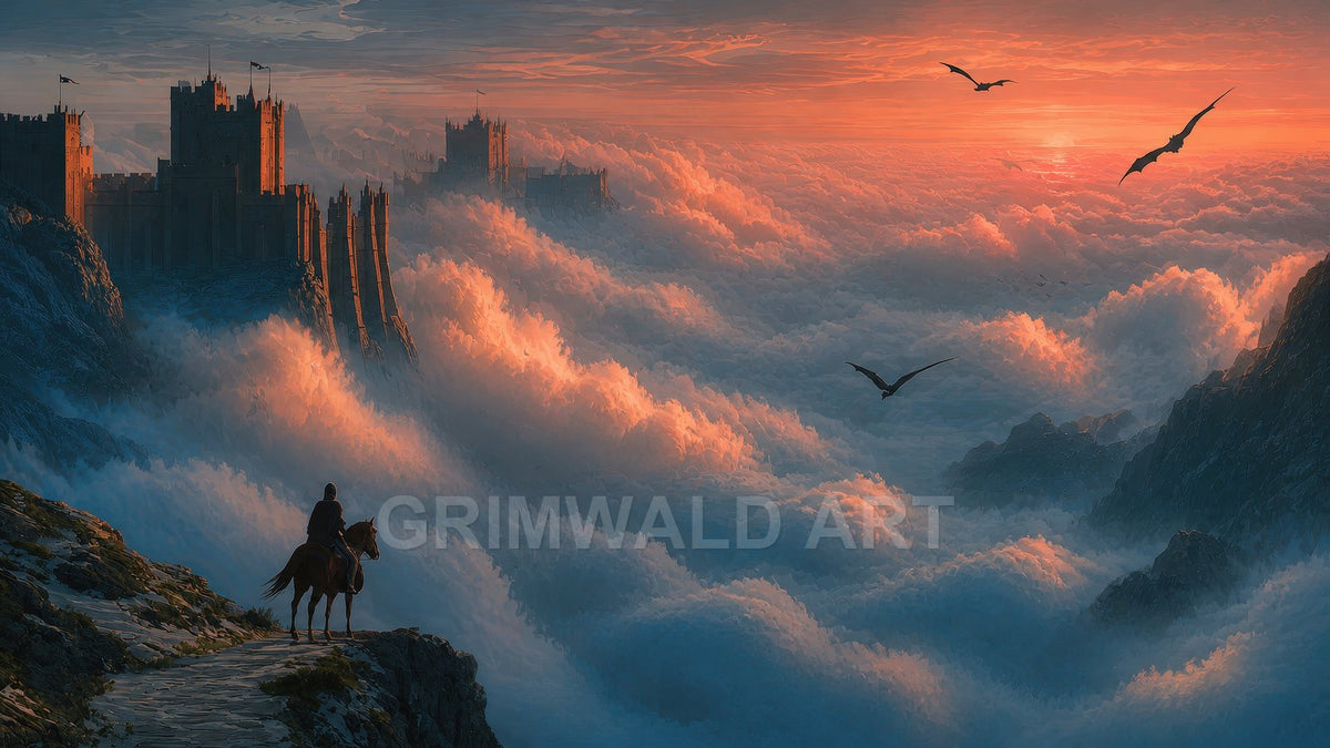 Vast fantasy landscape with a clifftop castle above a glowing sea of clouds, dragons circling at sunset, lone rider watching from a mountain path.