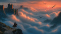 GRID THUMBNAIL — Vast fantasy landscape with a clifftop castle above a glowing sea of clouds, dragons circling at sunset, lone rider watching from a mountain path.