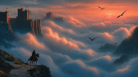 GRID THUMBNAIL — Vast fantasy landscape with a clifftop castle above a glowing sea of clouds, dragons circling at sunset, lone rider watching from a mountain path.