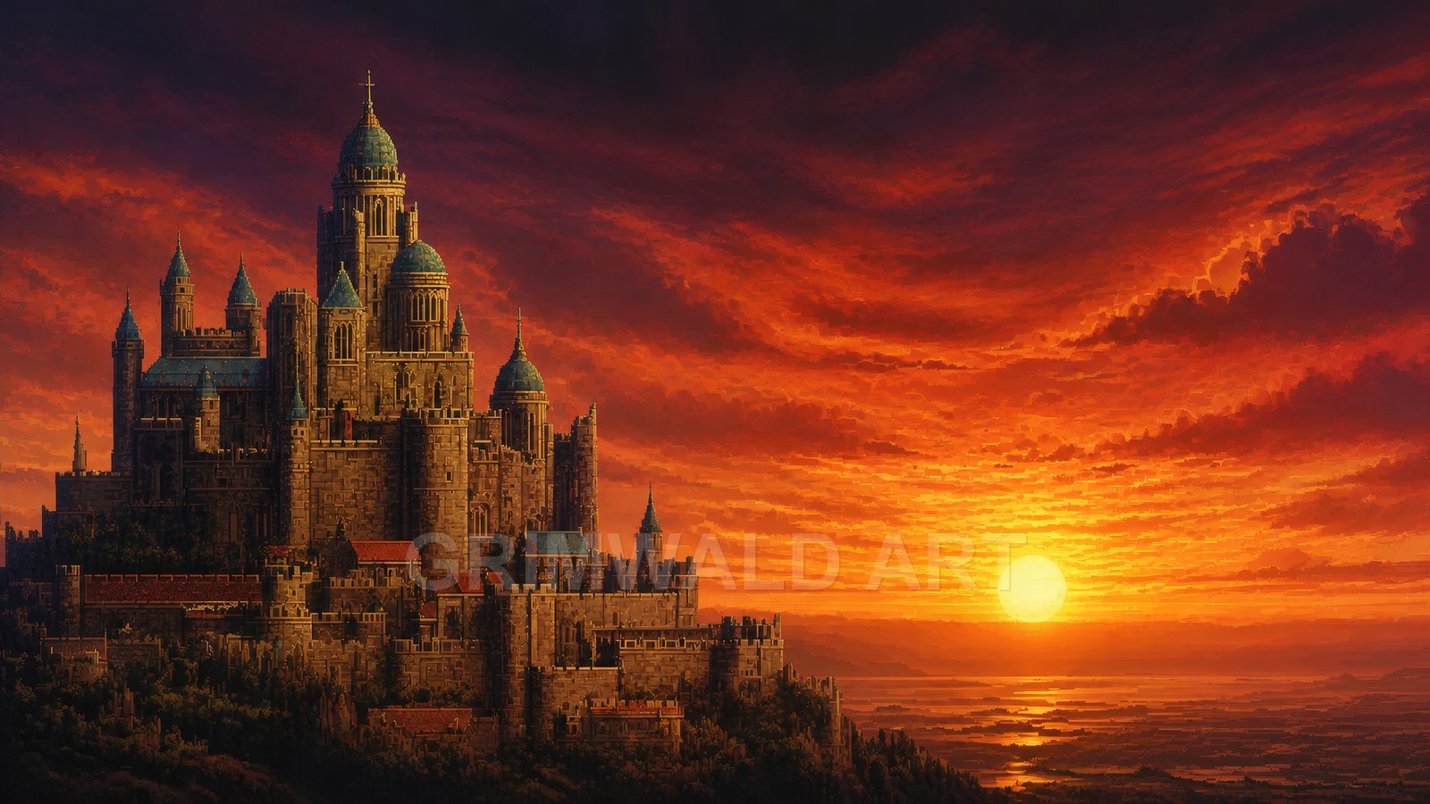 A vast stone castle with turrets and domes crowns a hill, overlooking reflective waters beneath a blazing orange sunset and dramatic cloud-filled sky.