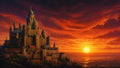 GRID THUMBNAIL — A vast stone castle with turrets and domes crowns a hill, overlooking reflective waters beneath a blazing orange sunset and dramatic cloud-filled sky.
