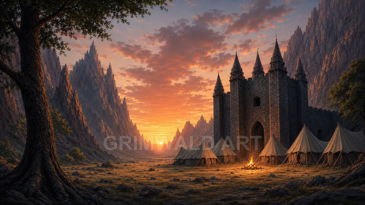 A stone castle with spired towers stands in a rocky valley at sunset, surrounded by tents and a glowing campfire beneath dramatic clouds.