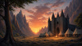 GRID THUMBNAIL — A stone castle with spired towers stands in a rocky valley at sunset, surrounded by tents and a glowing campfire beneath dramatic clouds.