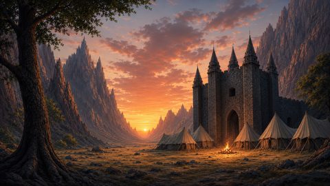 GRID THUMBNAIL — A stone castle with spired towers stands in a rocky valley at sunset, surrounded by tents and a glowing campfire beneath dramatic clouds.