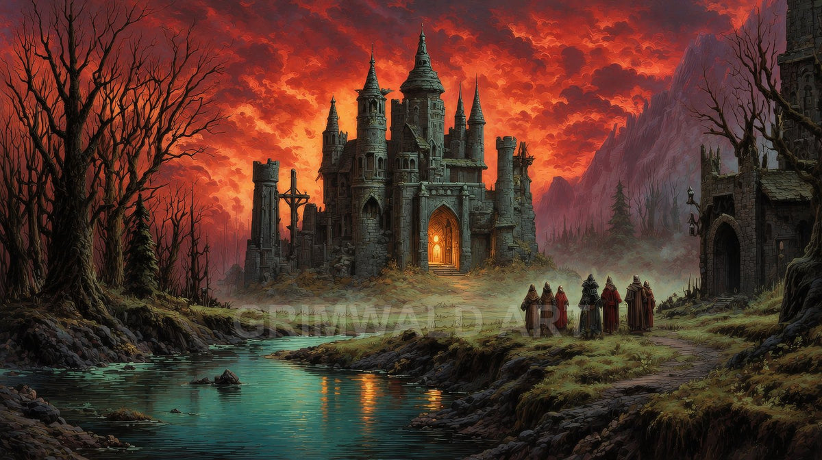 Gothic stone castle glowing with light beneath a fiery red sunset sky, beside a reflective river and barren trees, with robed figures approaching.