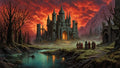 GRID THUMBNAIL — Gothic stone castle glowing with light beneath a fiery red sunset sky, beside a reflective river and barren trees, with robed figures approaching.