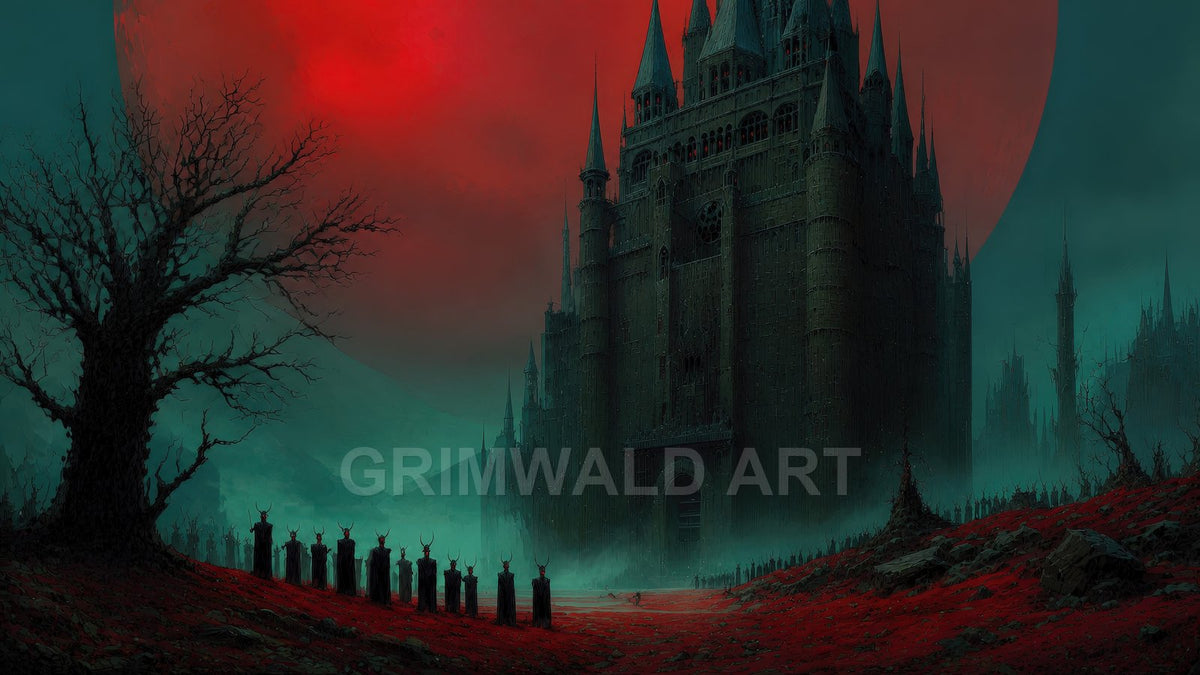 Dark gothic castle beneath a vast red moon, shrouded in teal mist, with barren red ground, dead trees, and lines of horned robed figures.