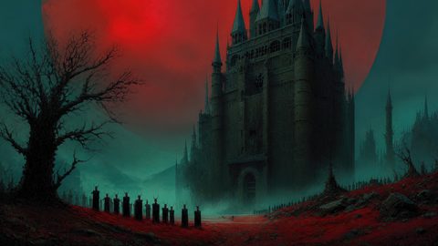 GRID THUMBNAIL — Dark gothic castle beneath a vast red moon, shrouded in teal mist, with barren red ground, dead trees, and lines of horned robed figures.