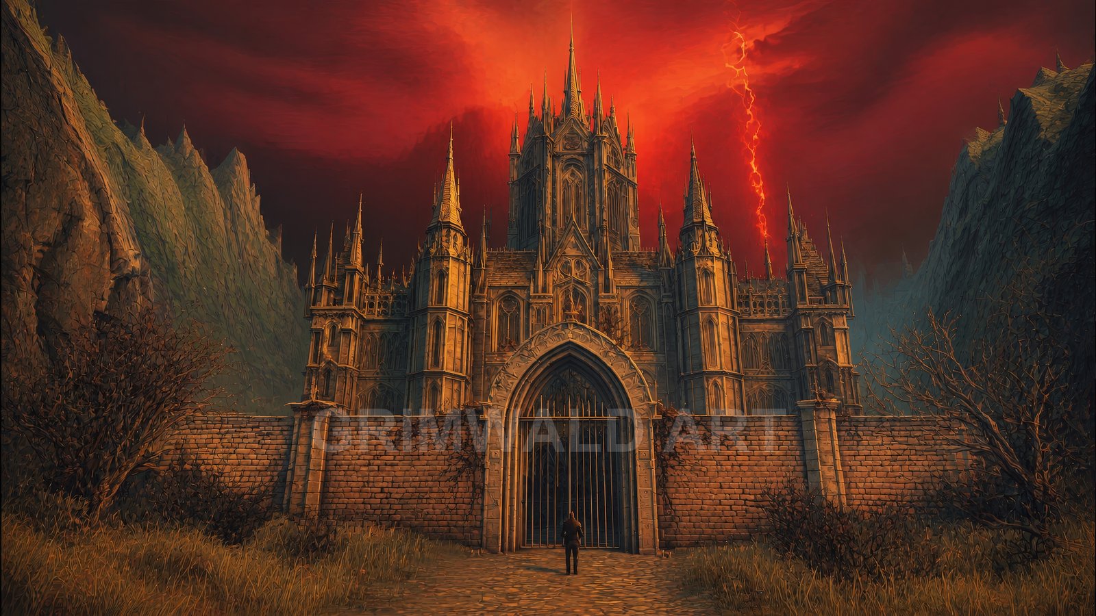Gothic castle with towering spires behind a stone wall beneath a red stormy sky with lightning, set in a narrow mountain valley.