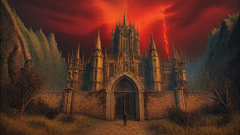 GRID THUMBNAIL — Gothic castle with towering spires behind a stone wall beneath a red stormy sky with lightning, set in a narrow mountain valley.