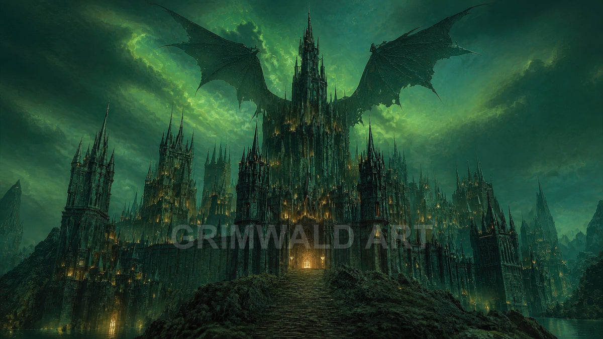 A sprawling gothic castle ablaze with small lights towers under a swirling green night sky as a colossal dragon silhouette spreads vast wings above.