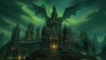 GRID THUMBNAIL — A sprawling gothic castle ablaze with small lights towers under a swirling green night sky as a colossal dragon silhouette spreads vast wings above.