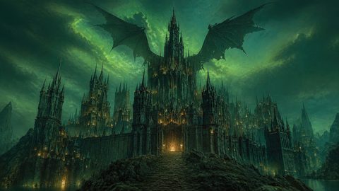 GRID THUMBNAIL — A sprawling gothic castle ablaze with small lights towers under a swirling green night sky as a colossal dragon silhouette spreads vast wings above.