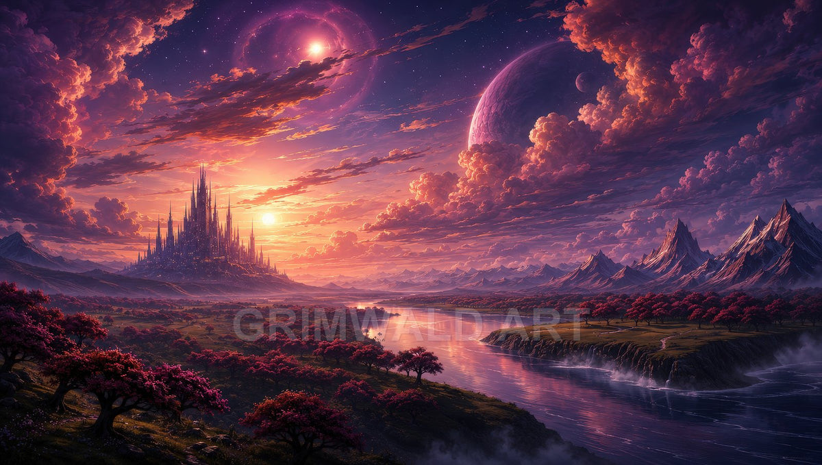 Vast fantasy valley with a spired castle by a winding river, under a sunset sky with twin planets, mountains and pink-blossomed trees.