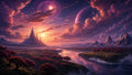GRID THUMBNAIL — Vast fantasy valley with a spired castle by a winding river, under a sunset sky with twin planets, mountains and pink-blossomed trees.