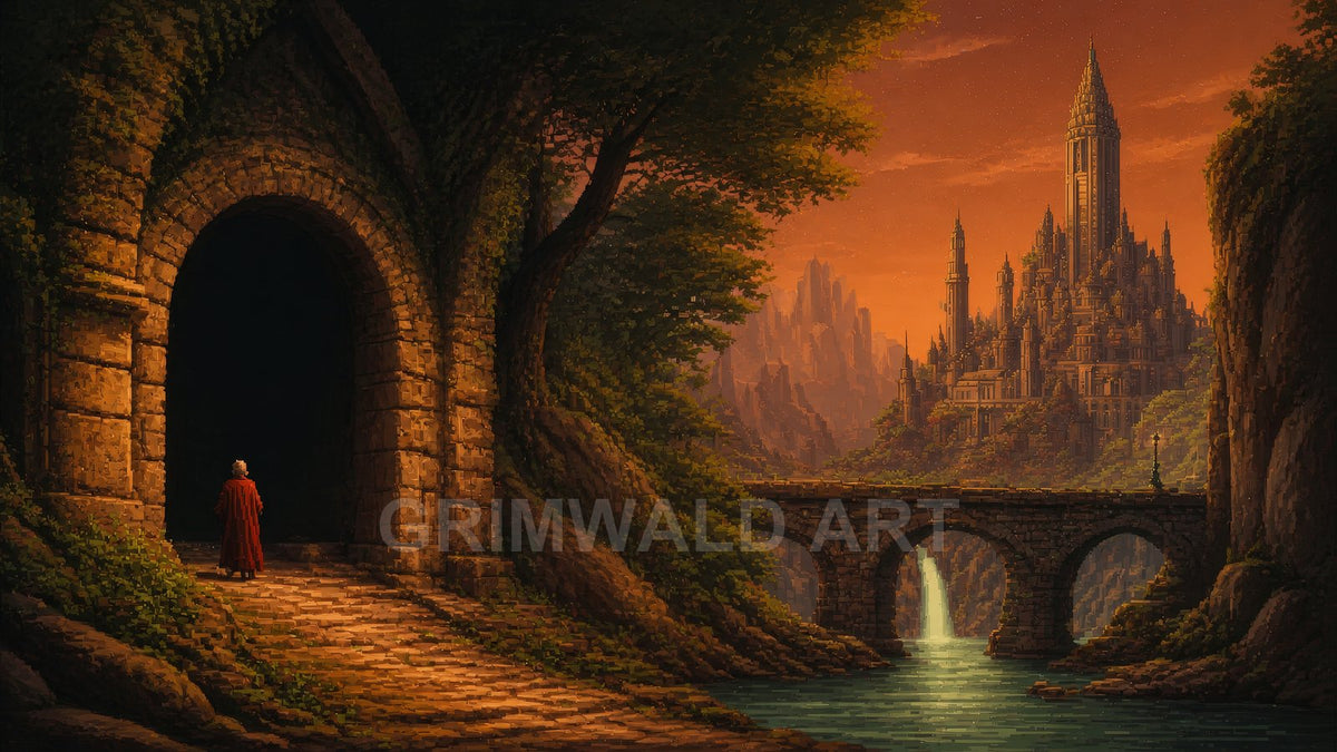 Ivy-clad stone gateway overlooking a river and arched bridge, with a distant spired castle at sunset and a small cloaked figure.