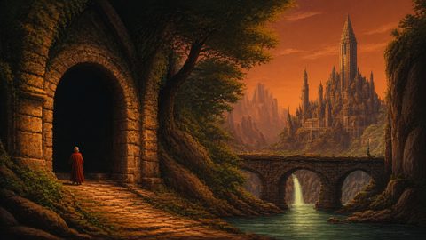 GRID THUMBNAIL — Ivy-clad stone gateway overlooking a river and arched bridge, with a distant spired castle at sunset and a small cloaked figure.