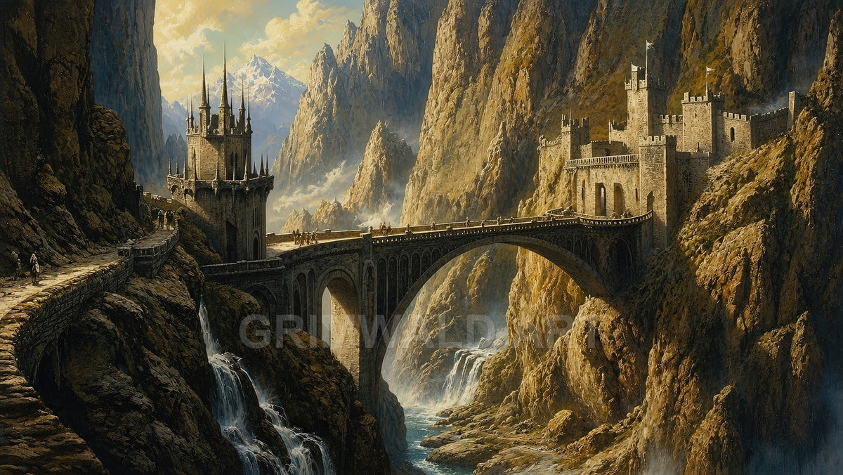A vast stone bridge links fortified castles across a dramatic mountain gorge, with waterfalls, mist and distant snow peaks under warm golden light.