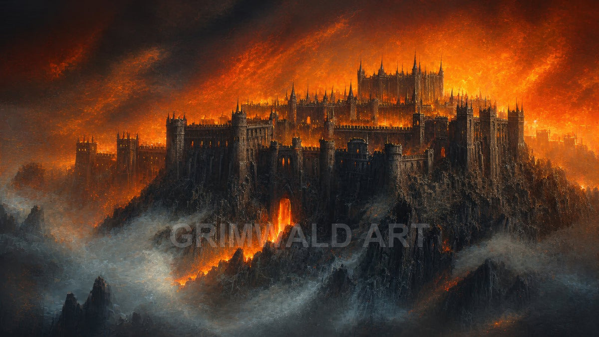 A vast dark fortress rises from jagged volcanic cliffs, surrounded by lava and smoke under a blazing orange firelit sky with towering battlements.