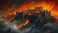 GRID THUMBNAIL — A vast dark fortress rises from jagged volcanic cliffs, surrounded by lava and smoke under a blazing orange firelit sky with towering battlements.