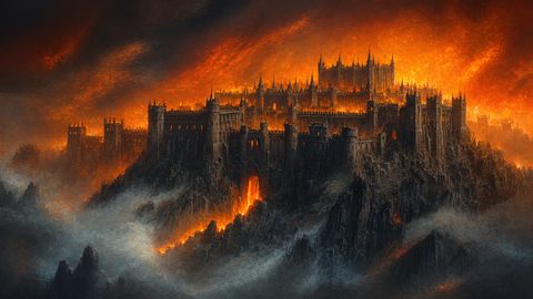 GRID THUMBNAIL — A vast dark fortress rises from jagged volcanic cliffs, surrounded by lava and smoke under a blazing orange firelit sky with towering battlements.
