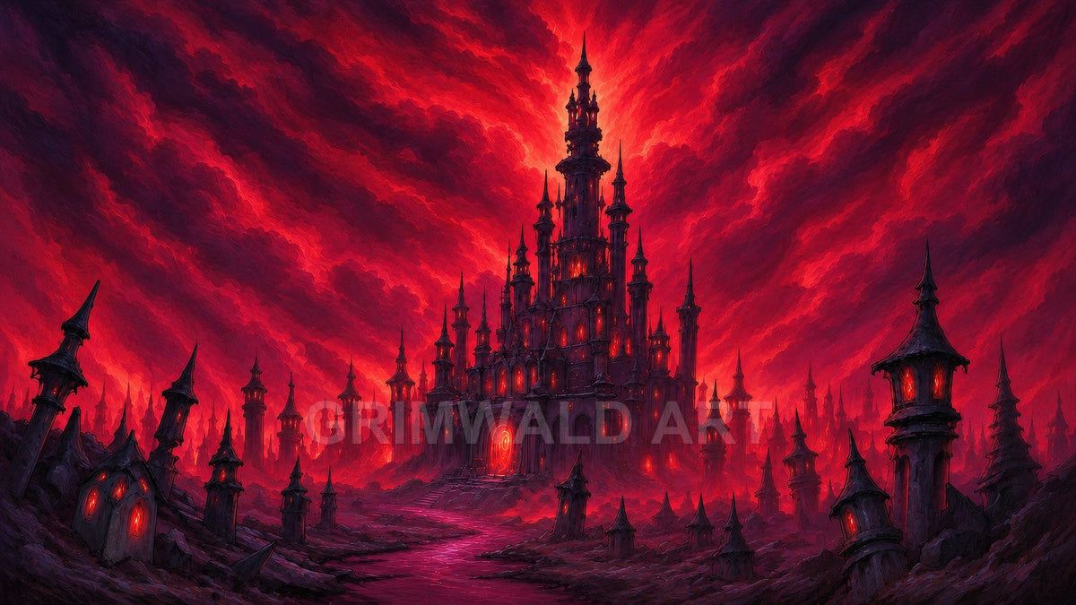 A towering dark castle with countless spires glows red beneath turbulent crimson clouds, surrounded by leaning ruined towers and a winding firelit path.