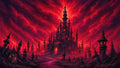 GRID THUMBNAIL — A towering dark castle with countless spires glows red beneath turbulent crimson clouds, surrounded by leaning ruined towers and a winding firelit path.