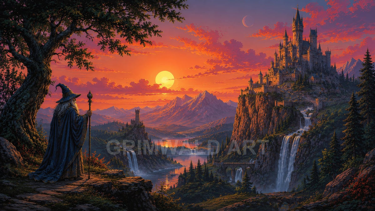 A robed wizard with staff watches a cliffside castle above towering waterfalls, pine forests, and distant mountains beneath a glowing sunset and crescent moon.