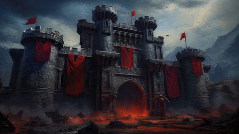 GRID THUMBNAIL — Brooding stone fortress draped with crimson banners rises amid dark mountains, fiery lava glowing at its gate under turbulent storm clouds and wheeling birds.