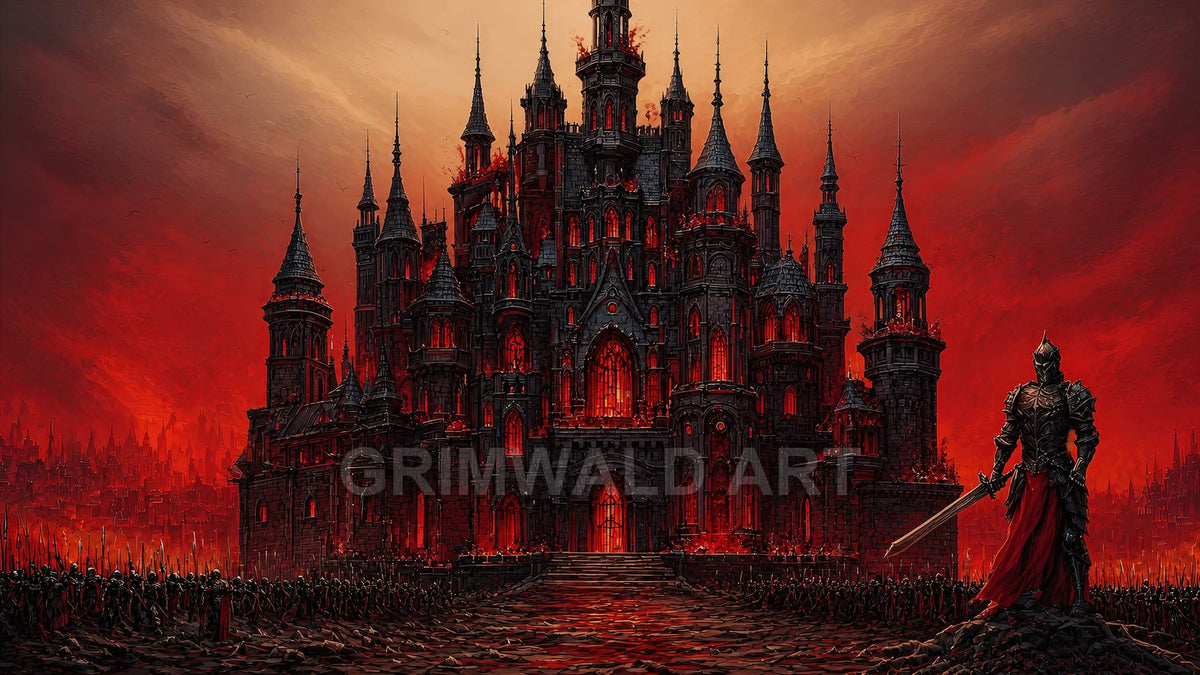A vast gothic castle with glowing red windows looms beneath a blood-red sunset, flanked by massed soldiers and a lone armoured knight in the foreground.