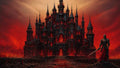 GRID THUMBNAIL — A vast gothic castle with glowing red windows looms beneath a blood-red sunset, flanked by massed soldiers and a lone armoured knight in the foreground.