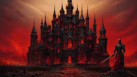 GRID THUMBNAIL — A vast gothic castle with glowing red windows looms beneath a blood-red sunset, flanked by massed soldiers and a lone armoured knight in the foreground.