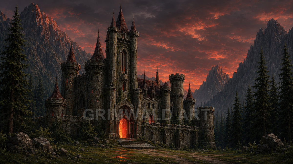 A dark stone castle with glowing red gate stands amid pine forest and jagged mountains beneath a dramatic crimson sunset sky.