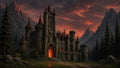GRID THUMBNAIL — A dark stone castle with glowing red gate stands amid pine forest and jagged mountains beneath a dramatic crimson sunset sky.