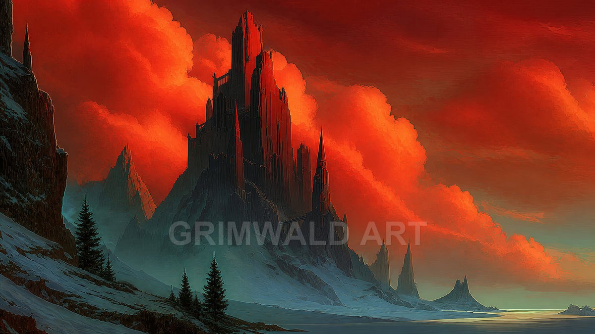 Dark spired castle rises from snowy mountains beside a cold shore, under blazing orange-red clouds at dramatic sunset, with pines and distant peaks.