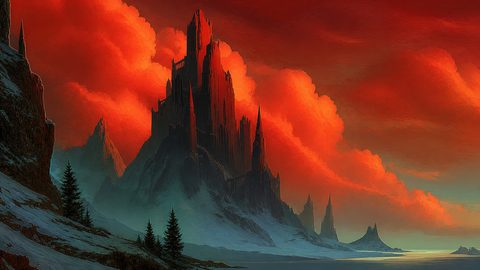 GRID THUMBNAIL — Dark spired castle rises from snowy mountains beside a cold shore, under blazing orange-red clouds at dramatic sunset, with pines and distant peaks.